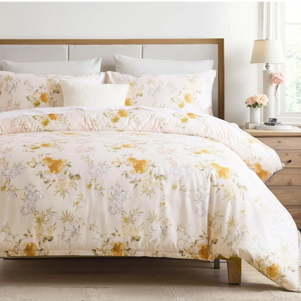100% Cotton Duvet Cover King Size – Elegent Yellow Floral Duvet Cover Set New